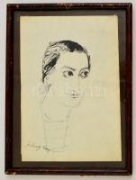 Szalay jelzéssel: Női portré. Tus, papír, üvegezett keretben, 28×20 cm
