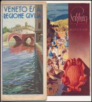 cca 1920-1940 Vegyes utazási prospektus tétel, 4 db:   1939 Salzburg, die Mozartstadt. Deutschland. Innsbruck, Gaberlag. Térképpel, német nyelven.   Veneto és a Regione Giulia. Ente Nazionale Industrie Turistiche. Ferro Dello Stato. Papírkötés, magyar nyelven.  Tirol Ehrwald Ausgangspunkt der Tiroler Zugspitzbahn. Német nyelven.   Links und Rechts der Bahn in Österreich. Wien, Katographischen.