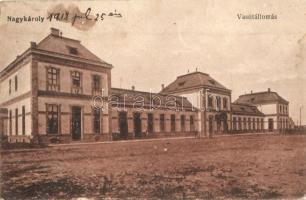 1918 Nagykároly, Carei; vasútállomás / Bahnhof / railway station (EK)
