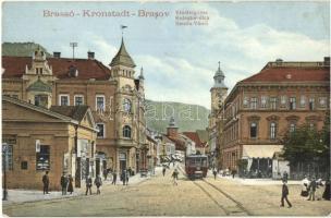 Brassó, Kronstadt, Brasov; Klostergasse / Kolostor utca, villamos, kávéház / Strada Vamii / street view, tram, café (EK)