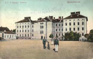 Gyulafehérvár, Alba Iulia; K.u.K. Sappeur Kaserne / Osztrák-magyar árkász laktanya, katona kerékpárral. Szakáts János kiadása / Austro-Hungarian sapper military barracks, soldier with bicycle (EK)