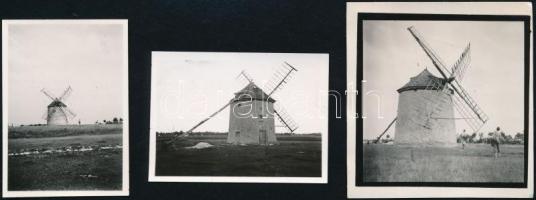 1939 Kunszentmiklós, szélmalom, 3 db fotó, 6×4 és 7×6 cm közötti méretekben / windmill, Kunszentmiklós, Hungary, 3 photos