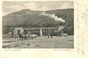 1900 Abos, Obisovice; Hernád vasúti híd, gőzmozdony, faszállító szekerek / railway bridge, locomotive, wood transporting carts