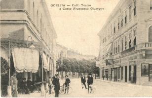 Gorizia, Görz, Gorica; Caffé Teatro e Corso Francesco Giuseppe / Café, street view, man with bicycle and dog, shops (EK)