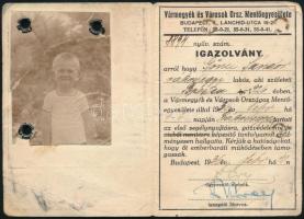 1936 Bp., Vármegyék és városok Orsz. Mentőegyesülete által kiadott fényképes igazolvány, fotó sérült