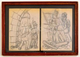 Jelzés nélkül: Harctéri életképek 1848-49-ről(?), 2 db vázlatrajz, ceruza, papír, üvegezett fa keretben 21,5×14,5 cm
