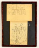 Jelzés nélkül: Harctéri életképek 1848-49-ről(?), 2 db vázlatrajz, ceruza, papír, üvegezett fa keretben különböző méretben