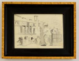 Jelzés nélkül: Kastélyrészlet, ceruza-akvarell, papír, üvegezett fa keretben, 19×27 cm
