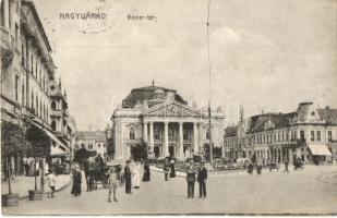 1915 Nagyvárad, Oradea; Beiner (Bémer) tér, színház, konflis, üzletek / square, theatre, shops, fiacre