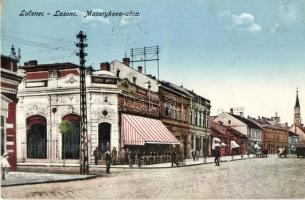 Losonc, Lucenec; Masaryk utca, Szusz Miksa üzlete / street view with shop "1938 Losonc visszatért" So. Stpl