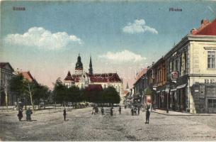 1927 Kassa, Kosice; Fő utca, üzletek, Kereskedelmi Bank váltóüzlete / main street, shops, bank