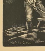 Molnár C. Pál (1894-1981): Szántás, fametszet, papír, jelzett, üvegezett fa keretben, 25×30 cm