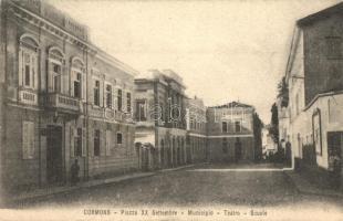 Cormons, Krmin, Kremaun; Piazza XX Settembre, Municipio, teatro, Scuole / street view with town hall, school and theatre. Writing about a theater performance on the backside (EK)