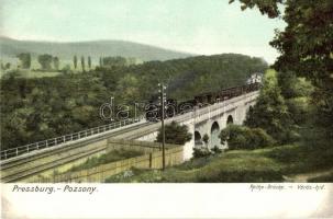 Pozsony, Pressburg, Bratislava; Rothe-Brücke. Verlag Bediene dich allein / Vörös híd, vasúti híd, viadukt, gőzmozdony / railway bridge, viaduct, locomotive (EK)