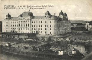 Pozsony, Pressburg, Bratislava; Cs. és kir. Hadtestparancsnoksági épület, rakpart. Kaufmann kiadása / K.u.K. V. Korpskommando / Austro-Hungarian military headquarters (EB)