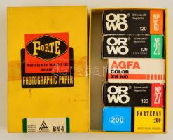 5 db régi lejárt exponálatlan 120-as rollfilm, (Agfa Color XR100, Orwo NP 20, Orwo NP 15, Orwo NP 27, Fortepan 200), Forte dobozban.