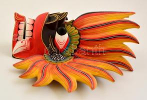 Sárkányos fali maszk, sérült, kézzel festett, faragott fa,  25×28  cm