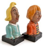cca 1930 Max & Moritz büszt ( 2db), kézzel festett részben mázas kerámia, jelzett (Terra), apró ...