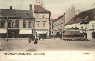 Sopron, Oedenburg; Várkerület, Ikvahíd utca, Gyógyszertár, üzletek, villamos. MGS. 105. (EB)
