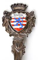 Ezüstözött mokkás kanál, zománcozott bruges-i címerrel, h: 12 cm