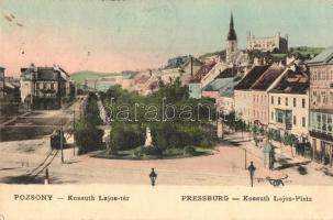 1908 Pozsony, Pressburg, Bratislava; Kossuth Lajos tér, üzletek, villamos / square, shops, tram