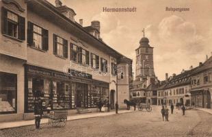 1913 Nagyszeben, Hermannstadt, Sibiu; Rizs utca, W. Krafft könyvkereskedése, könyvnyomdája és saját kiadása az üzlet reklámos kocsijával / Reispergasse / street view, book and printing shop (EK)