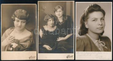 cca 1929-1950 3 db fiatal hölgyeket ábrázoló fotólap, 14×9 cm