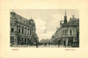 Losonc, Lucenec; Rákóczi utca, Hammermüller, Tarjányi, Redlinger üzlete. W. L. Bp. 4714. Kármán Zsigmond kiadása / street view, shops (EK)