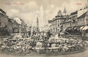 1909 Kassa, Kosice; Szökőkút a Fő utcán, Sziegfried Pál üzlete / fountain on the main street, shops (EK)