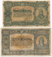 1923. 500K + 1000K mindkettő Magyar Pénzjegynyomda Rt. Budapest nyomdahely jelöléssel T:III-