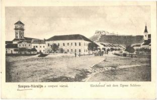 Szepesváralja, Spisské Podhradie; Kirchdrauf mit dem Zipser Schloss / Templom tér a szepesi várral / church, castle (EK)