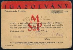 1935 Bp., A Magyarországi Szociáldemokrata Párt igazolványa