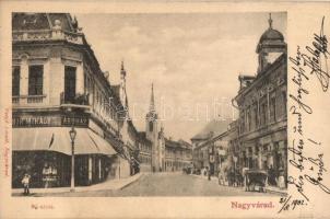 Nagyvárad, Oradea; Fő utca, üzletek, bazár. Helyfi László kiadása / main street, shops, bazaar