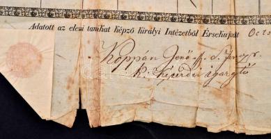 1850 Az érsekújvári tanítóképző intézet bizonyítványa, foltos, gyűrött