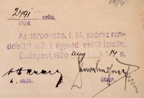 1920 Bp., bírói-ügyvédi bizonyítvány, aláírásokkal, okmánybélyeggel