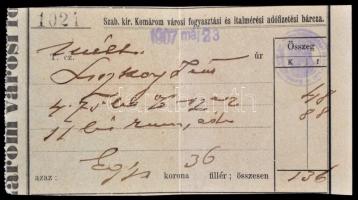 1907 Szab. Kir. Komárom városi fogyasztási és italmérési adófizetési bárca