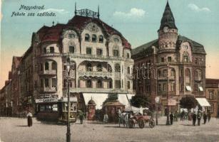 Nagyvárad, Oradea; Fekete Sas szálloda, Moskovits üzlete, Vigadó Mozgó (mozi), villamos Ladányi üzletének reklámjával / hotel, shops, tram with advertisement, cinema (EK)