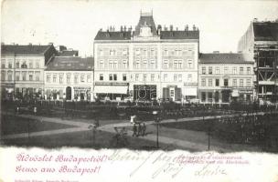 Budapest VII. István tér és Vásárcsarnok, Laufer József bor és sörháza, Tichy József, Bloch Salamon, Hoffman Albert, Fuchs Ede üzlete. Schmidt Edgar kiadása (EK)