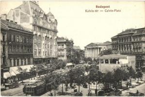 Budapest VIII. Kálvin (Calvin) tér, 35-ös és 7-es villamosok, Takarékpénztár, az egykori Báthory Kávéház a Kecskeméti utca és Múzeum körút sarkán