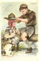 A cserkész másokkal szemben gyöngéd, magával szemben szigorú. Cserkész levelezőlapok kiadóhivatal / Hungarian scout boy art postcard s: Márton L.