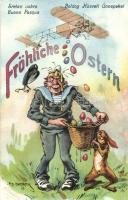 Boldog Húsvéti Ünnepeket! / Fröhliche Ostern / Sretan uskrs / Buona Pasqua / Happy Easter! Austro-Hungarian Navy K.u.K. Kriegsmarine mariner art postcard, humor. C. Fano 1914/15. s: Ed Dworak (r)