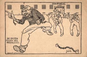 Die ersten Folgen des Anschlusses / The first consequences of the Anschluss, Stein am Brückel prison. Besskó Lithográfia, Judaica art postcard. s: Szűts (EK)