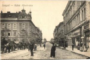 Szeged, Kállay (Kállai) Albert utca, háttérben a híd, Grósz Testvérek az Arany golyóhoz, Vajda és Női Divatház üzlete