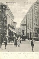 1901 Székesfehérvár, Kossuth utca, gyógyszertár, Kölcsönös üzlete, Lefelé hajtani tilos tábla