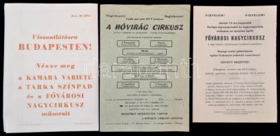 1962-1970 3 cirkusszal kapcsolatos nyomtatvány, prospektus: 1962 Budapest Cirkusz vidéki vendégjátéka, programmal; 1967 Hóvirág Cirkusz prospektusa, 1970 Fővárosi Nagycirkusz prospektusa, amely az újonnan nyíló első előadásra invitál (1971. január 14.) meg.