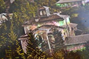 cca 1900 Vihnye régi színes fotónyomat gyöngyház berakásokkal üvegezett keretben. 22x17 cm