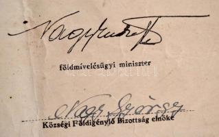 1945 Az Ideiglenes Nemzeti Kormány nagybirtokrendszer megszüntetéséről szóló rendelete alapján kiado...