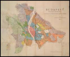 1914 Budapest övezeti beosztása, Az építésügyi szabályzathoz tartozó térkép. Kiadja a Fővárosi Közmunkák Tanácsa, litográfia, hajtásnyomokkal, a hajtás mentén szakadt, sérült, hiányos, foltos, 80x99 cm.