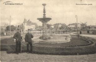 1910 Szombathely, Szent István park, szökőkút, katonák karddal (EK)