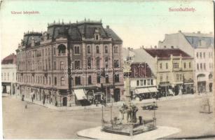 1912 Szombathely, Városi bérpalota, szobor, tér, Schuster Gyula és Deutsch Samu üzlete (EK)
